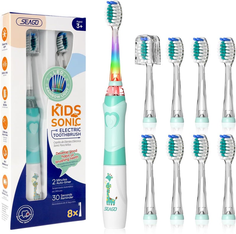 Seago Kids Electric Toothbrush with 2 Mins Brushing Timer and 8 Replacement Bursh Heads,Rainbow LED Light Make Brushing Fun, Blue Color Boys Battery Powerd Toothbrush for 4-12 Years Old - Image 1